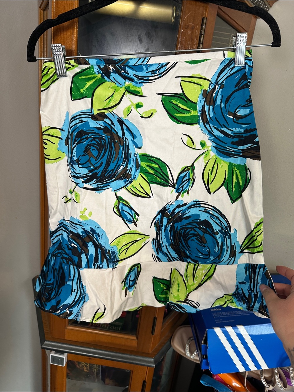 My Michelle White Skirt with Blue Floral Print and Green Leaves